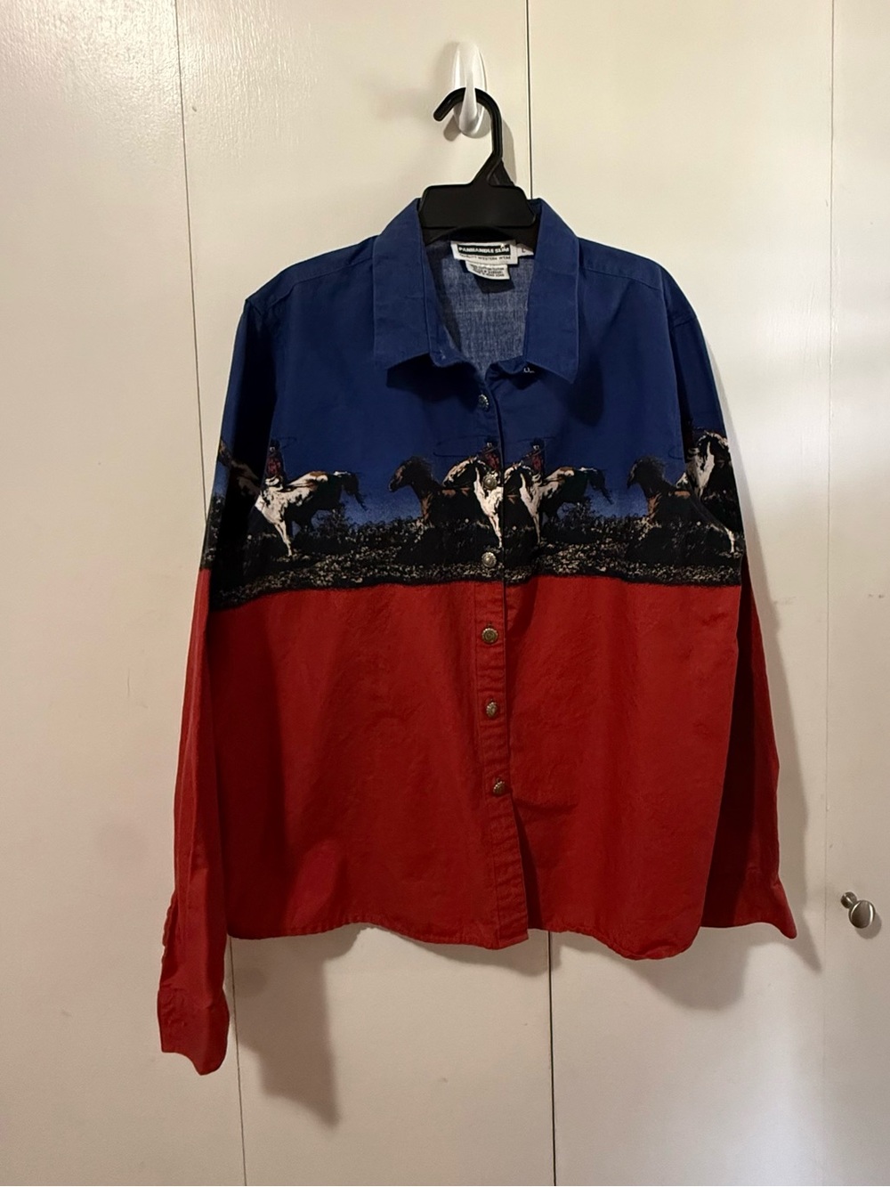Vintage Western Horse Print Two-Tone Button-Up Shirt - Blue & Red